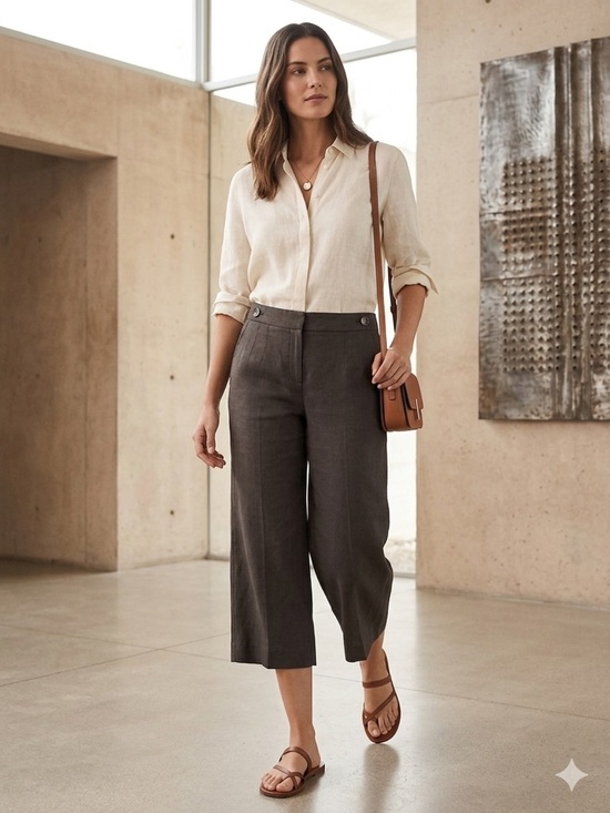 Theory Pants - Theory brown linen blend Cropped Wide-Leg Pants Sz 10